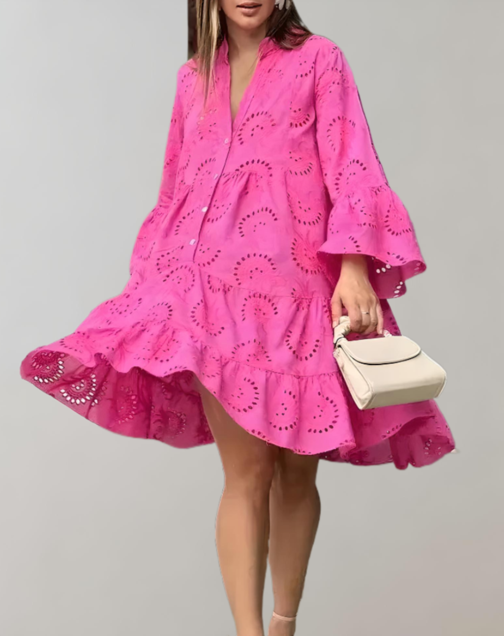 Beżowa sukienka z dekoltem w serek i luźnymi rękawami dla swobodnego, komfortowego stylu